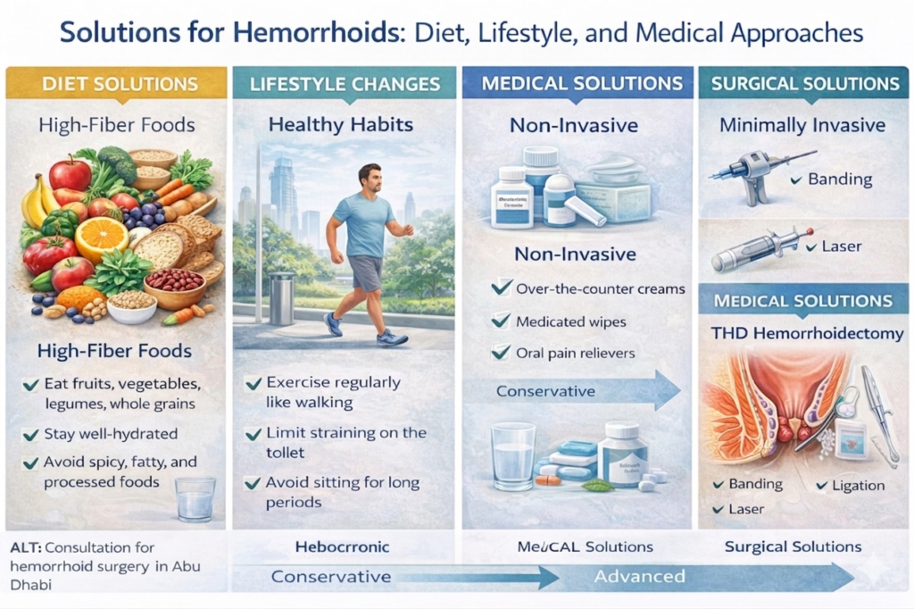 Solutions for hemorrhoids including regular exercise as lifestyle change component for prevention and management