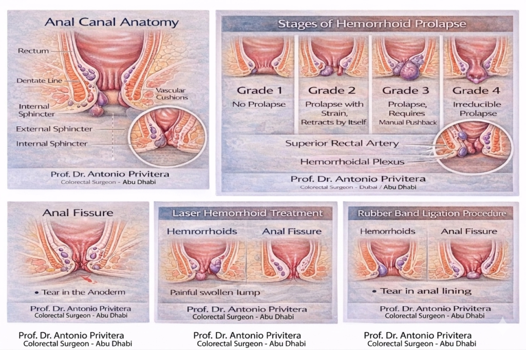 Hemorrhoid prolapse stages Grade 1 to 4 by Prof Dr Antonio Privitera colorectal surgeon abu dhabi