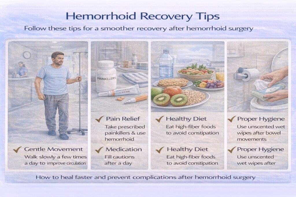 Hemorrhoid recovery tips after surgery: gentle movement, pain relief, healthy diet and proper hygiene