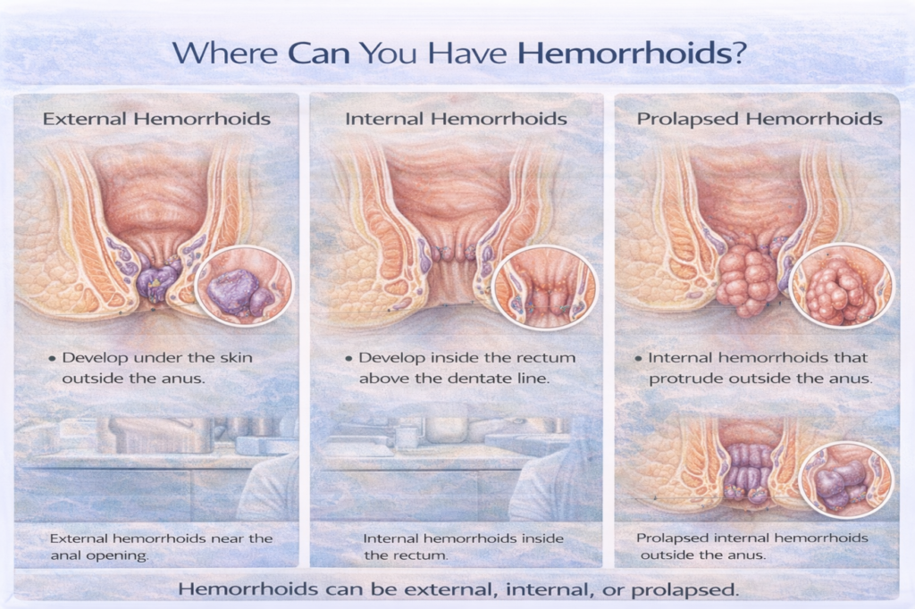 Where hemorrhoids form: external hemorrhoids, internal hemorrhoids and prolapsed hemorrhoids anatomy
