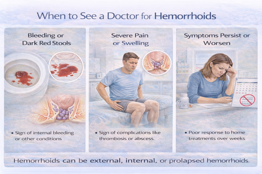Hemorrhoid warning signs requiring medical attention: dark bleeding, severe swelling, worsening symptoms