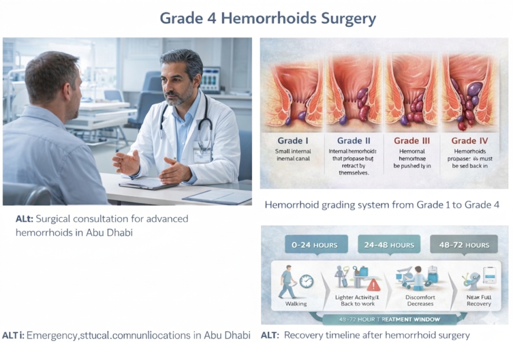 Recovery timeline after hemorrhoid surgery showing return to walking, work and full activity in abu dhabi