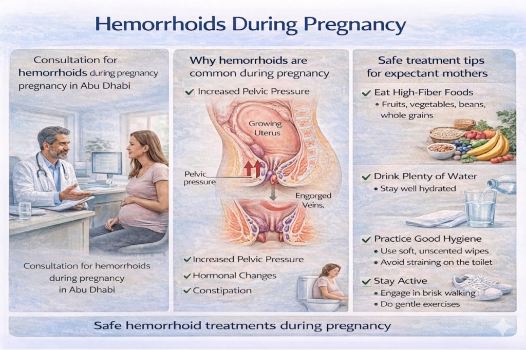 Hemorrhoids during pregnancy consultation in Abu Dhabi showing safe treatment tips for expectant mothers