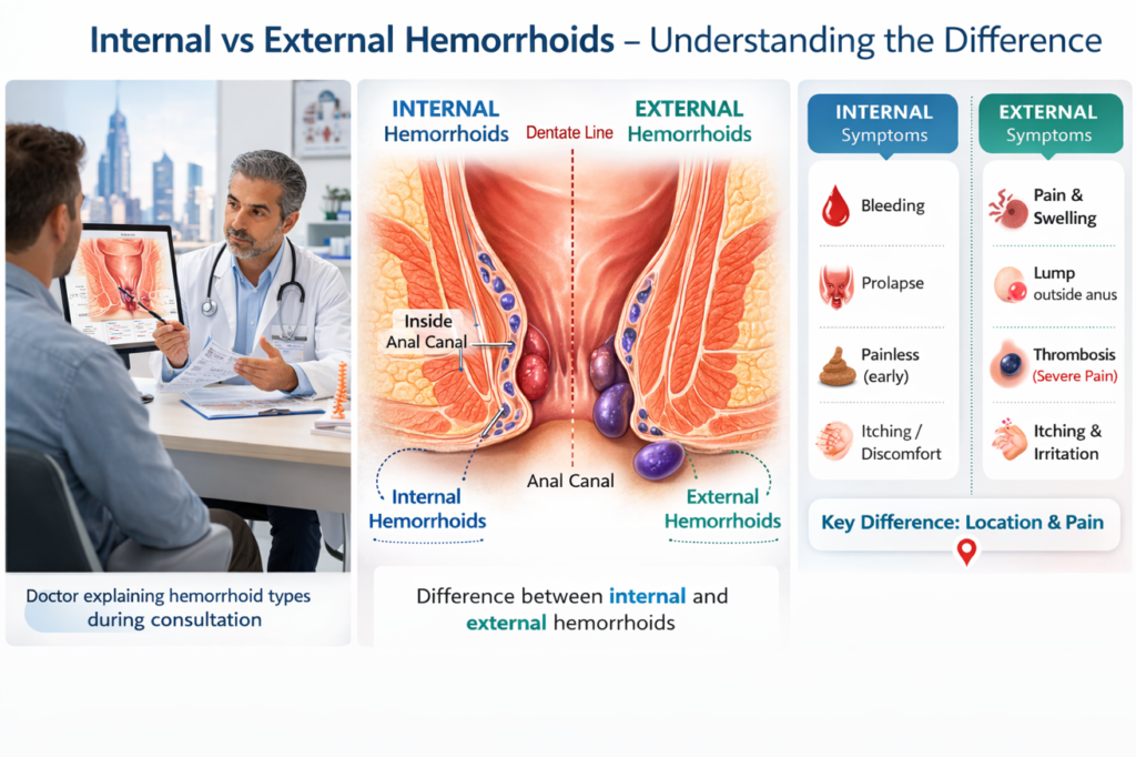 Internal vs external hemorrhoids anatomy diagram showing dentate line difference in abu dhabi consultation