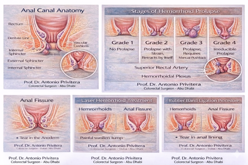 Laser hemorrhoid treatment illustration by Prof Dr Antonio Privitera colorectal surgeon Abu Dhabi