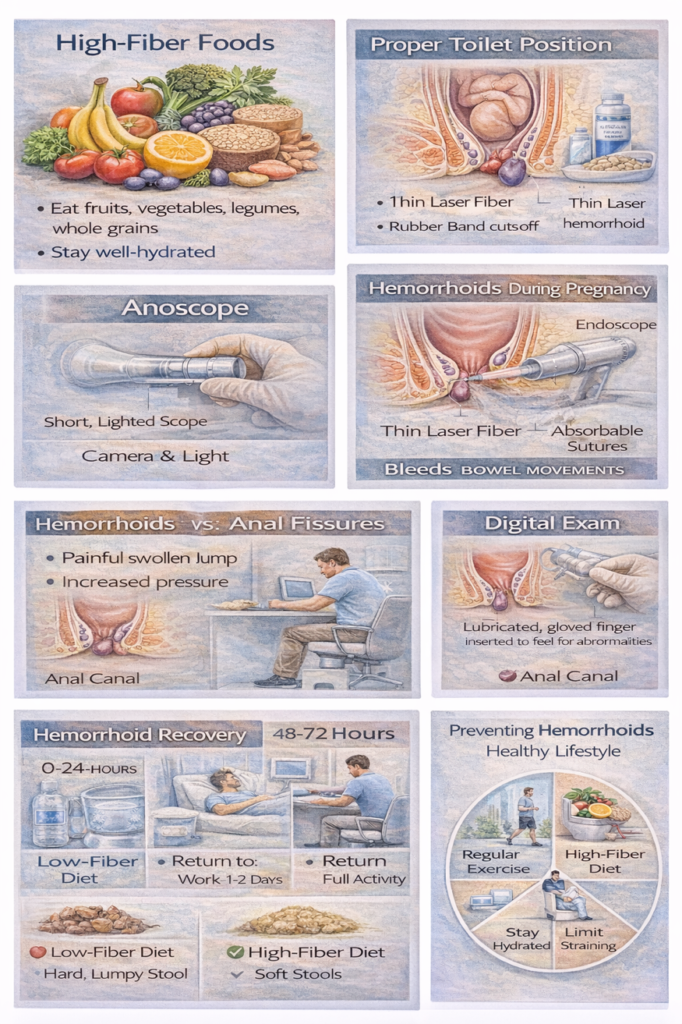 Preventing hemorrhoid recurrence with healthy lifestyle wheel showing exercise diet hydration and limited straining