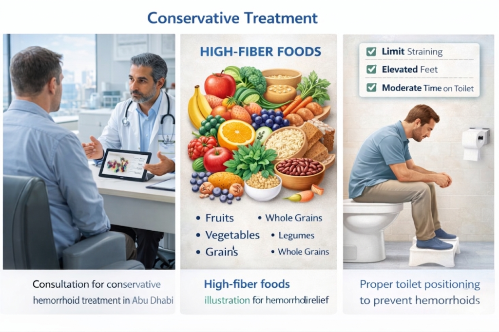 Proper toilet positioning with footstool and high-fibre diet to prevent hemorrhoids in abu dhabi