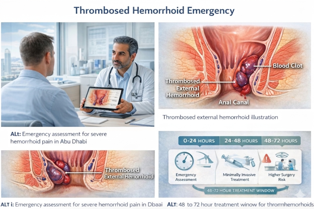 Emergency assessment for thrombosed hemorrhoid pain in abu dhabi — 48-72 hour treatment window