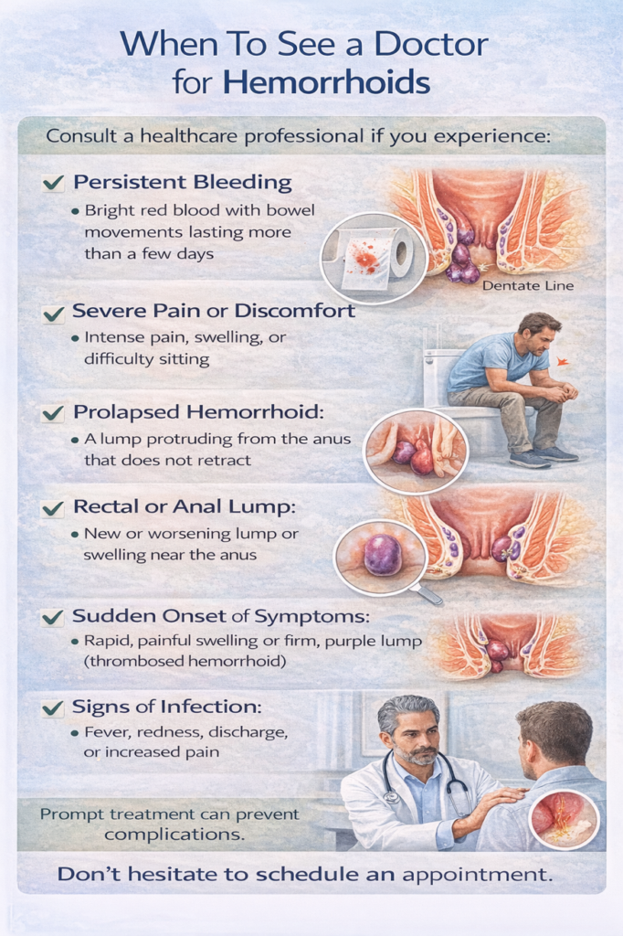 When to see a doctor for hemorrhoids showing persistent bleeding severe pain prolapse rectal lump and infection